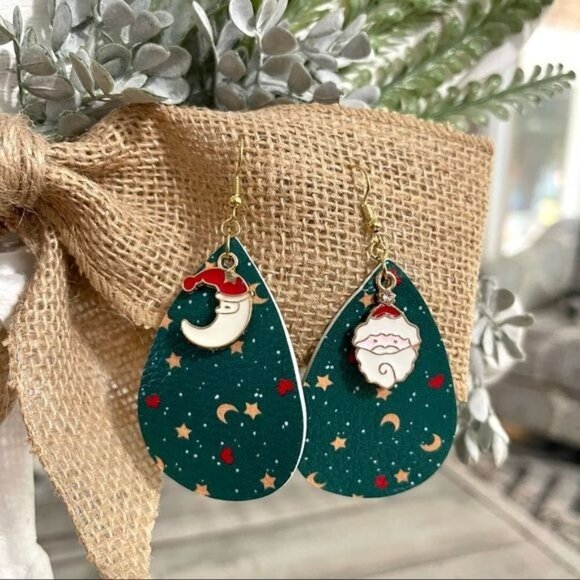 Handmade Christmas Celestial Santa Claus Moon Stars Teardrop Statement Earrings - Picture 2 of 3